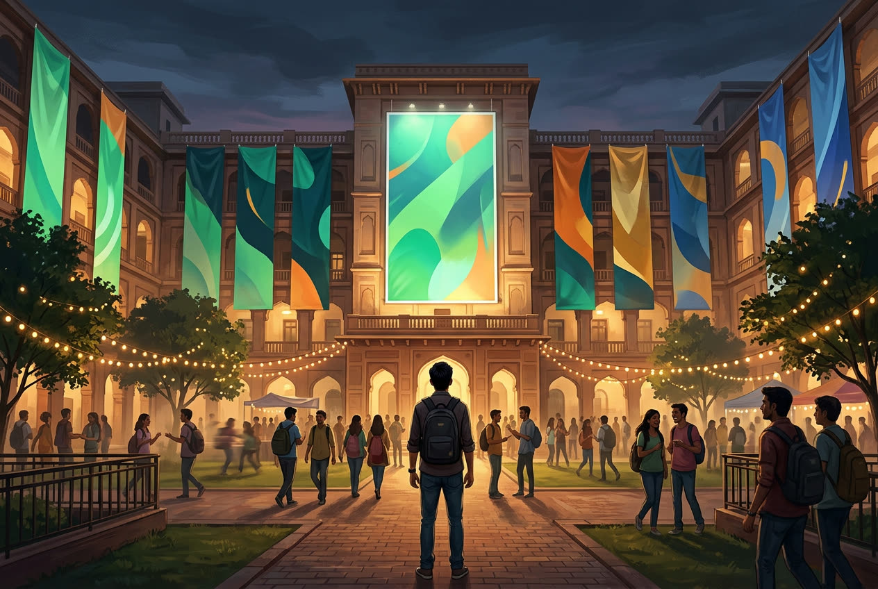 Large symposium banners on a college building, with a student looking up at them