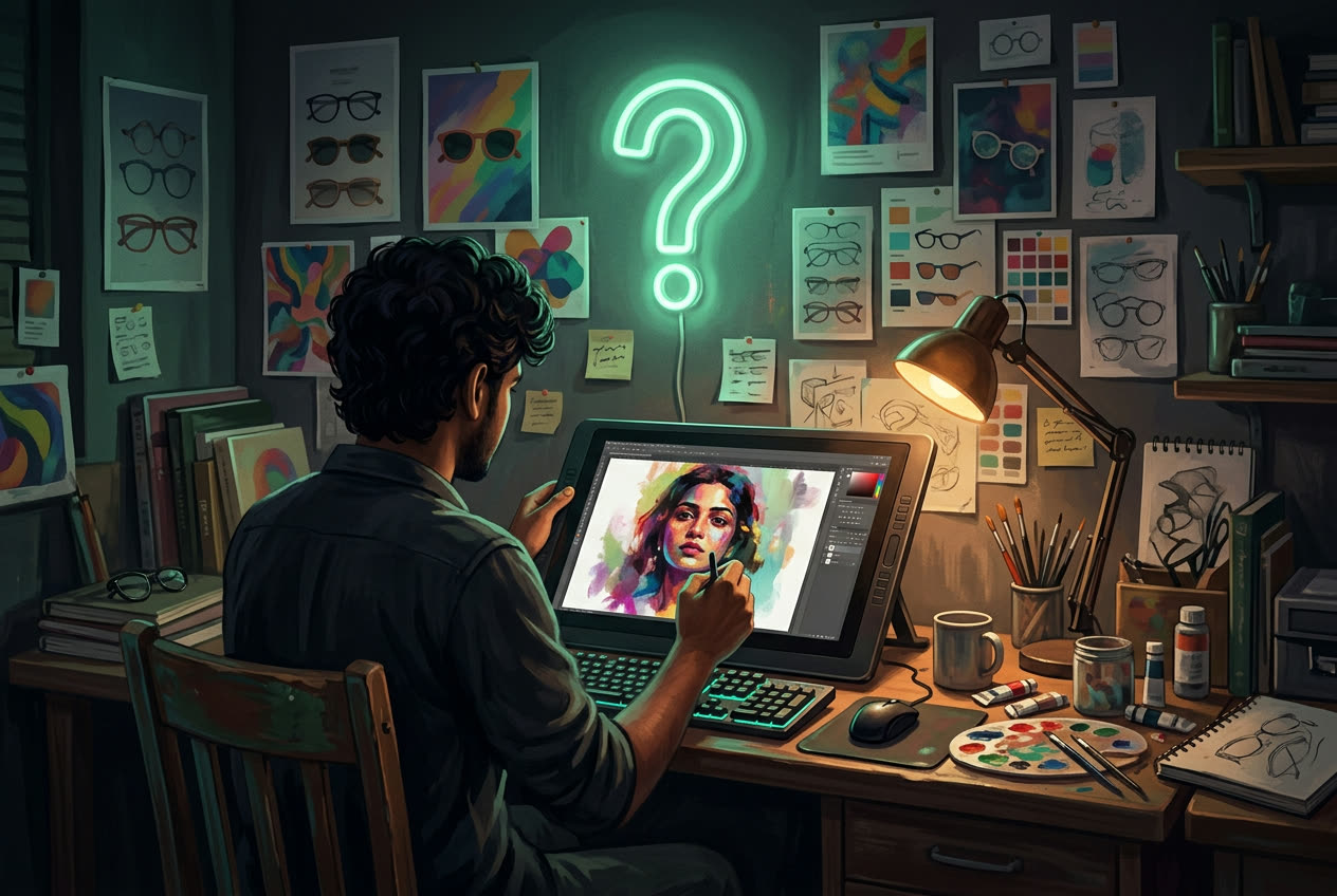 A designer painting a digital portrait at night, under a glowing question mark