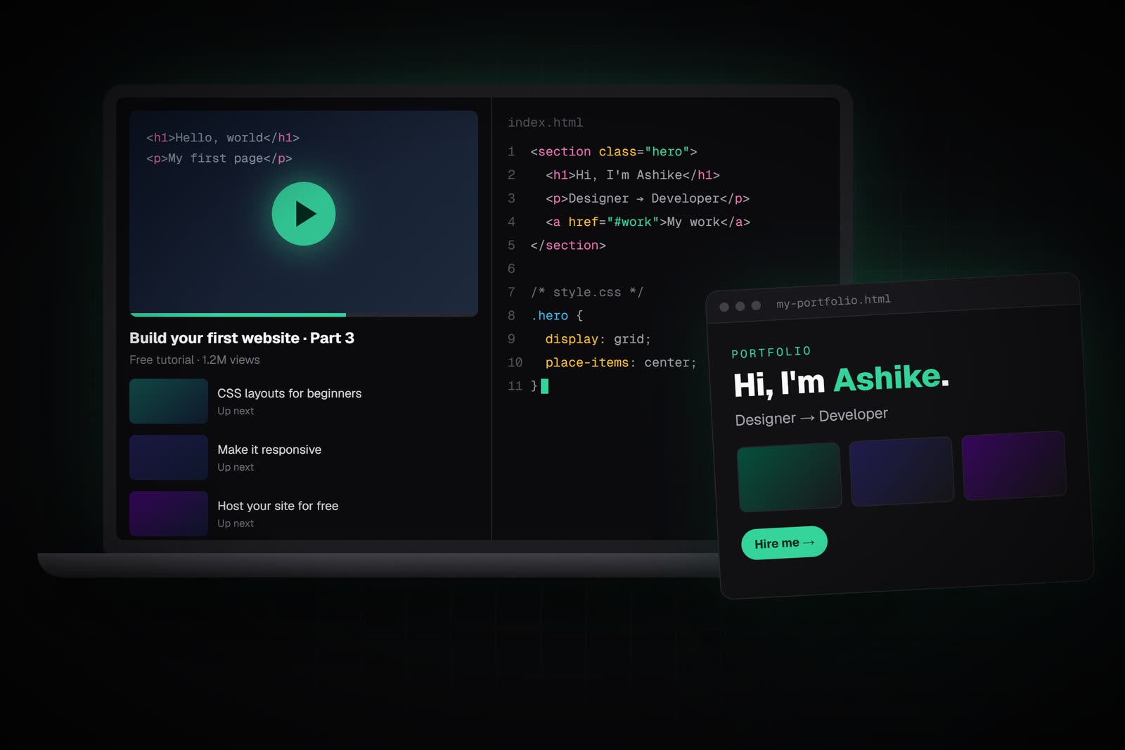 A laptop with a coding tutorial and HTML editor, next to a first portfolio website