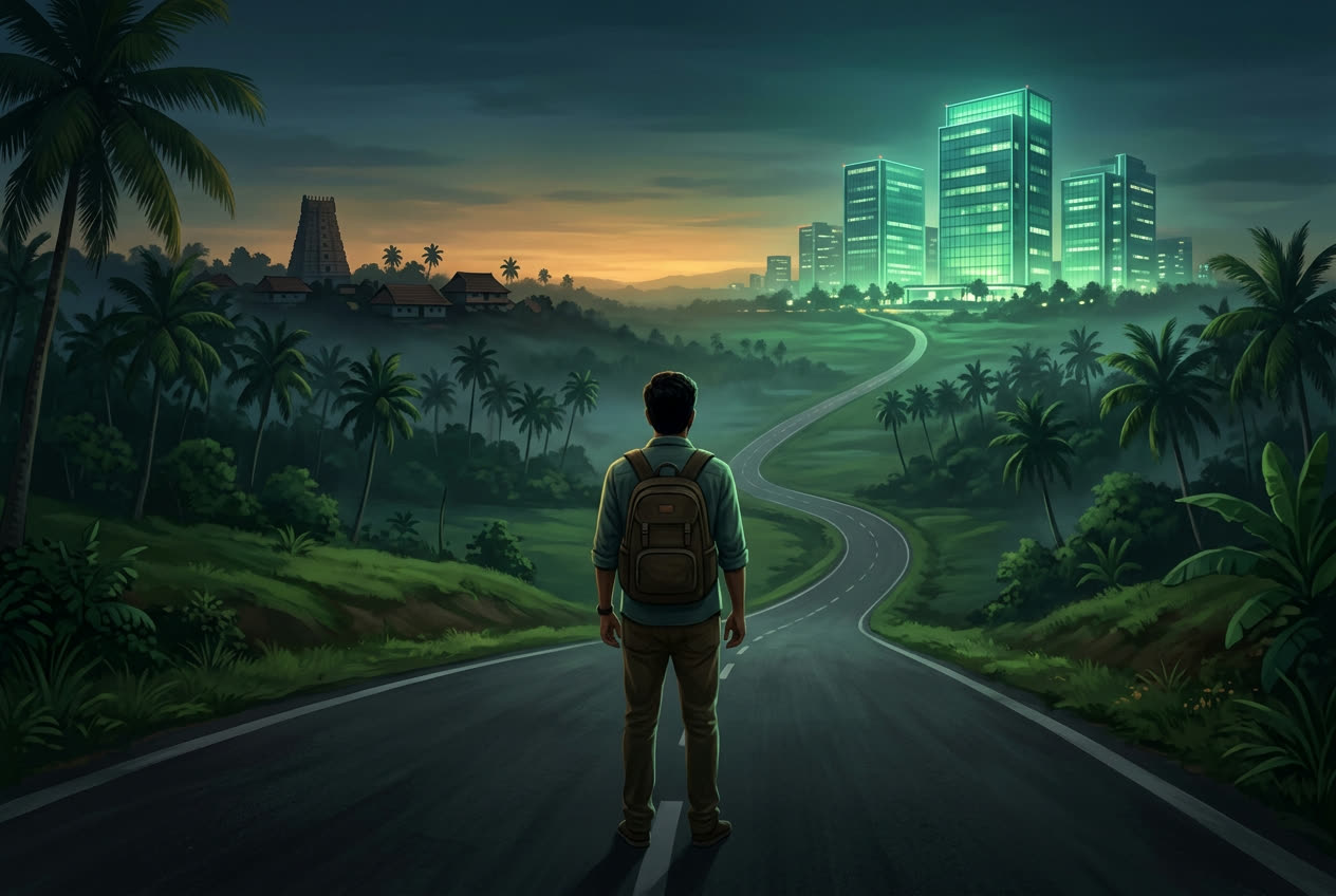 A young man on a road leading from a small town toward a tech park