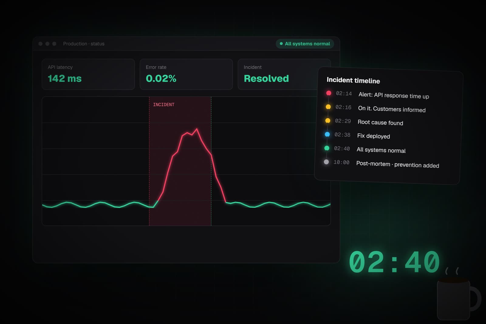 A monitoring dashboard showing an incident resolved at 02:40