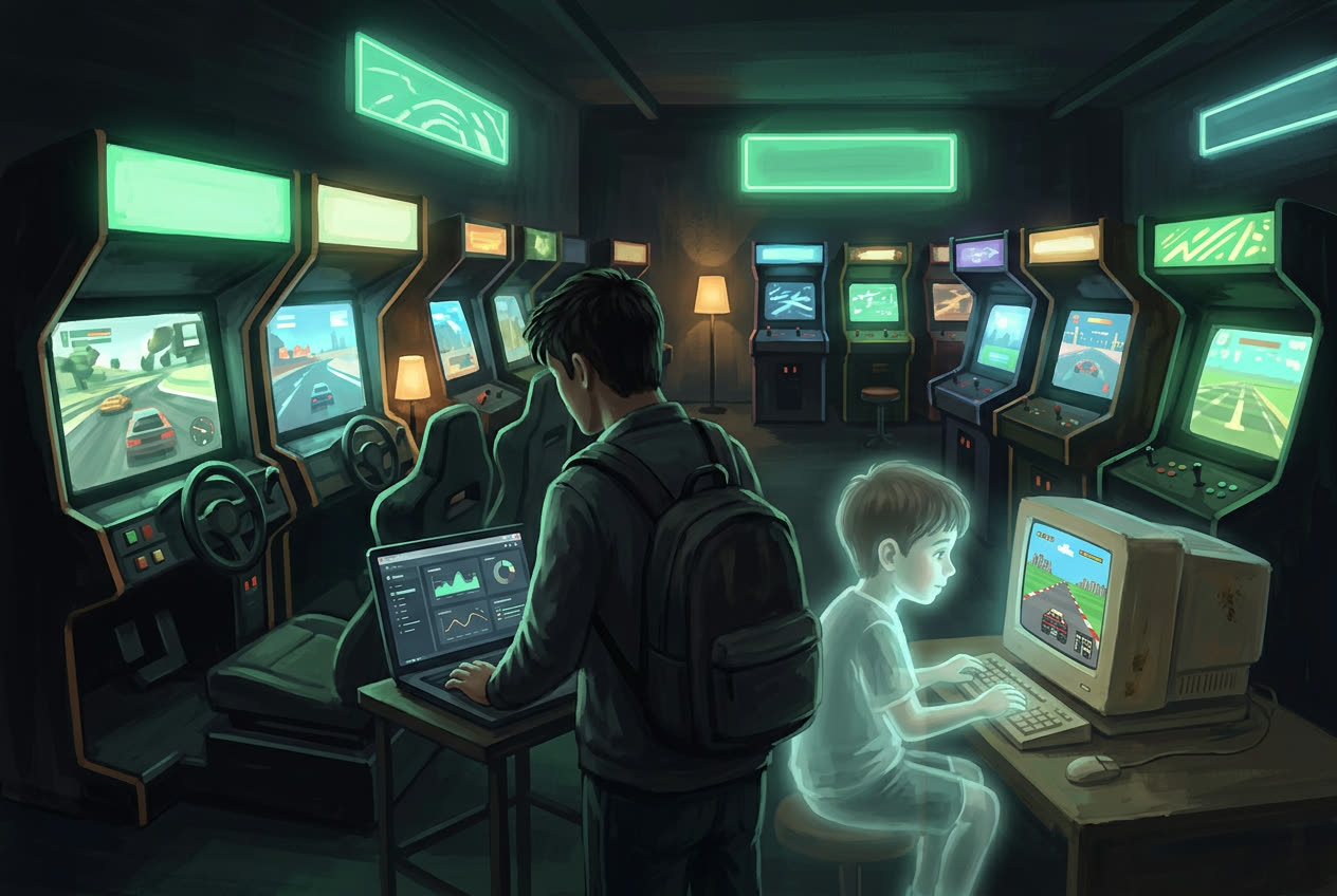 A developer in an arcade lounge beside a glowing memory of his younger self at an old computer
